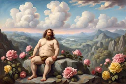 a handsome, fat man with a well-groomed, bearded face and long, curly hair. He is sitting naked on a rock, surrounded by a picturesque valley adorned with pink and yellow rose flowers. The spring sky above is adorned with breathtakingly beautiful clouds. like oil paintings 19th century