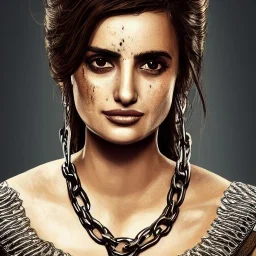 best quality, realistic lighting, masterpiece portrait of Penelope Cruz, details, light dusting of freckles, cowboy shot from above, simple chain hauberk, warhammerVector art matte painting digital illustration 3D shading CryEngine Behance HD 3Delight