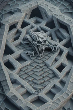 hexagon stone labyrinth featuring gargoyle skeleton in the style of escher, 8k, trending art