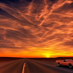 muscle car, desert road, sunset, full colour,