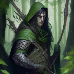 a dungens and dragon character human arcane archer, he is tall has dark long hair green eyes and a green hood.He has a longbowin his hand. made it full frame whith forest in background. In a sneaky pose.