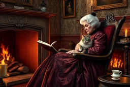 create an elegant old English parlor scene, noble elderly woman in richly detailed 1800s gown, seated by a roaring fireplace in a rocking chair, reading as a fluffy Persian cat with glowing green eyes rests on her lap, candlelight flickering, antique wallpaper, teacup and porcelain tray nearby --ar 3:2 --v 7 --style raw