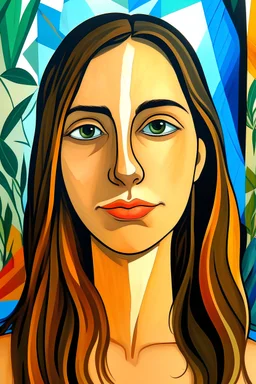 retrato de una chica en un fondo hawaiano al estilo cubista de picasso