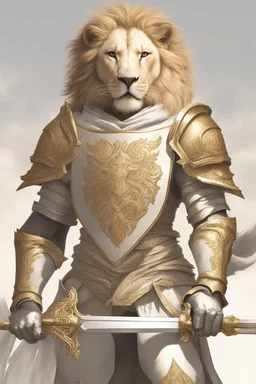 Lion man knight wearing white and gold armor, wearing a white and gold cape, holding a large sword and shield