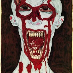 Horror Disfigured bald Vampire with longs arms and claws covered in blood, ,blood big canine teeth with blood,full body, by egon Schiele,