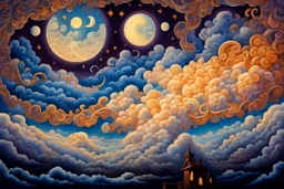 painting of cloud with filigree moon, very cloudy sky, in the style of emily balivet, precise, detailed architecture paintings, colorful dreams, james c. christensen, spectacular backdrops, psychedelic color schemes, rui palha painting of cloud with moon sky, in the style of emily balivet, precise, detailed architecture paintings, colorful dreams, james c. christensen, spectacular backdrops, psychedelic color schemes, rui palha" Modifiers: elegant extremely detailed intricate very attractive bea