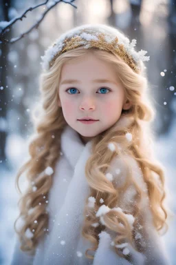 In a wintry wonderland, a radiant little girl, adorned in the splendor of freshly fallen snow, her golden locks shimmering like spun gold, her eyes aglow with an enchanting warmth, appears as though brought to life from the pages of a fairy tale; a living embodiment of Elsa in her own magical snow-kissed realm, where every hue dazzles and sparkles, casting an iridescent glow over the frosty landscape. Masterpiece, best quality, digital painting style, beautiful fantasy art, high quality, 4k