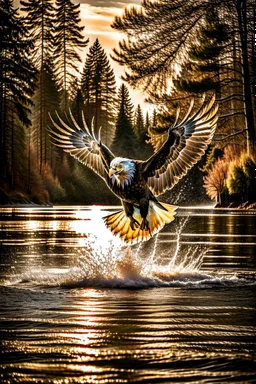 An image capturing a majestic eagle in flight, gripping a large fish in its talons as it soars above a winding river. The sunlight glistens on the water below, and the eagle's powerful wings spread wide against the sky. The scene showcases the eagle's incredible hunting prowess and the dynamic beauty of the natural world.