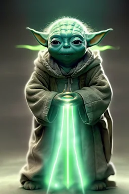 In this extraordinary photograph, the wise and spirited Yoda takes center stage, portrayed with hyper-realistic precision. Despite being aged at 1.5 centuries, Yoda's aura exudes a youthful vitality as he wears a striking scifi Star Wars outfit. The natural surroundings come alive with a dynamic and lively atmosphere, as diffused lighting casts playful shadows, adding an enchanting touch to the scene. As an intrepid explorer-hacker, Yoda's adventurous spirit shines through, and every intricate d