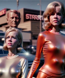 Ultra Realistic retro sci-fi movie Supermarket parking scene, 1960 year, waist up view portrait, 2 clones blonde women, sweet teenager Jane Fonda face, perfect iris, glow eyes, face makeup, tight latex coat, a lot of people, Retro sci-fi style, soft color, highly detailed, unreal engine 5, ray tracing, RTX, lumen lighting, ultra detail, volumetric lighting, 3d, finely drawn, high definition, high resolution.