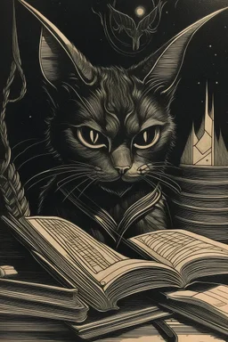 1970's dark fantasy book cover paper art dungeons and dragons style drawing of a cat with minimalist far perspective