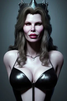 Kim Basinger as evil queen in black leather, busty, cleavage, curvy, angry, happy, stern look. character design by cory loftis, fenghua zhong, ryohei hase, ismail inceoglu and ruan jia. unreal engine 5, artistic lighting, highly detailed, photorealistic, fantasy