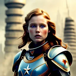 ultrarealistic, ruined city,__sci-fi armor__, __angles__, 18 year old woman, strikingly beautiful, ginger hair, _colour_, [__starlets__|__starlets__], (pale __skincolor__ skin:1.2), __camera__, _hair_, detailed face and eyes, medium breasts, leather choker, freckles, dynamic pose, resolved expression, __accessory__, strappy outfit, (straps:1.1), sword in scabard on left hip, (buckles, buttons, snaps, rings:1.0), haltertop style breastplate, detailed eyes, plump lips, sci-fi theme