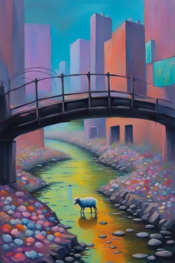 painting of a cyberpunk colourful natural walkway rubbish on the street in the city with pollution and a small bridge by a creek with electric sheep and androids by monet