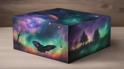 a box 10 cm long by 5 cm wide and 25 cm high, drawn on a box on all sides, space, tress, planets, butterfly nebula, crow, purple, green and red, realistic