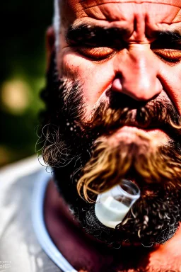 close up photography, dirty burly chubby Italian strong 48 years old homeless man, dripping milk from open mouth, dripping on the beard, with dirty tank top, emotional eyes, manly chest, photo, Canon EOS, lens 35mm, natural lights, 8K, in the morning