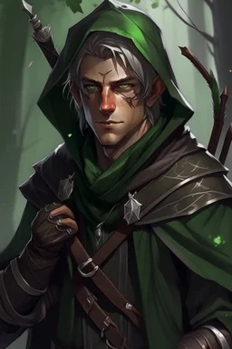 35 year old male rogue elf, thief assassin, mauve hair, messy hair, bright green eyes, brown skin, black hood, black leather, messy, disheveled, trees, sneaky, bow and arrows, long and lean