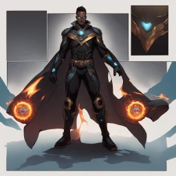 A commander in matte black robes with flaming eyes with grin with flaming light blue pupils stands atop a squire Two infinity gauntlets contain six infinity stones, one of which is made with nano In the hands of a powerful man walking While standing on a majestic height from afar