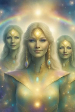 cosmic woman, blue skin,beautiful ufos rainbow, admiral from the future, galactic confédération, fine whole face, crystalline skin, expressive purple eyes,rainbow, smiling lips, very nice smile, costume pleiadian, Beautiful tall woman pleiadian Galactic commander, ship, perfect datailed golden galactic suit, high rank, long blond hair, hand whit five perfect detailed finger, amazing big puple eyes, mouth, high définition lips, cosmic happiness, bright colors,smile