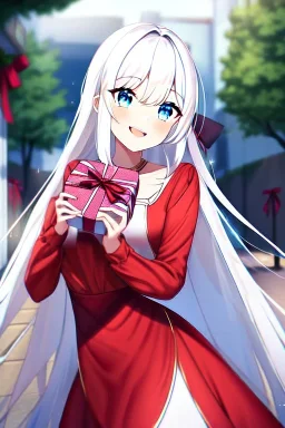 girl, masterpiece, best quality, cinematic lighting, detailed outfit, vibrant colors, perfect eyes, white hair, very long hair, blue eyes, valentine gift, sidewalk, under tree, laughing, sparkle, depth of field, indoors, god rays, glowing light, ray tracing, red dress,