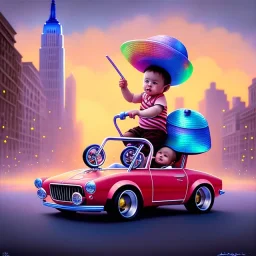 A one-year-old boy rides in the plastic funny toy-car on the middle of a busy street in new york. He has and a large-brimmed straw hat. somehow photographic bright colors and sunset, fantasy art, Anna Dittmann, digital painting, dan mumford, oil on canvas, jeff koons, akihito yoshida, wlop, kodachrome,