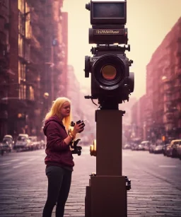 Statue of Queen of photography. Cute blonde woman. Photographer in golden crown. Standing on the street. Big camera in her hand. hyperdetailed, photorealistic, trending on artstation, greg rutkowski, beksinski, kodachrome, lomography, golden hour, bokeh, volumetric light