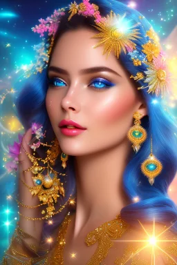 Beautyful smiling young woman, long hair amazing blue eyes, flowers, happy cosmic, bright colors, blue, pink, gold, jewels, realistic, photo real, clear sunny background, highly detailed, high contrast, 8k high definition, unreal engine 5, extremely sharp detail, light effect, sunny light backgroundgold, jewels, realistic, photo real, clear sunny background, highly detailed, high contrast, 8k h