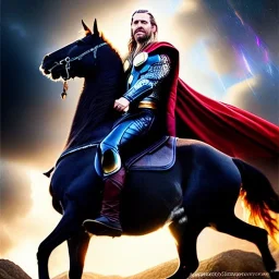 Ultra detailed fullbody Portrait in oil on canvas of Thor with asgardian armor riding a Horse,extremely detailed digital painting, extremely detailed face,crystal clear eyes, mystical colors ,perfectly centered image, perfect composition, rim light, beautiful lighting,masterpiece,8k, stunning scene, raytracing, anatomically correct, in the style of Steve Jung and robert e howard and Wizyakuza and Ohrai Noriyoshi and Simon Bisley and uncannyknack.