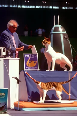 1990 dog show realistic (film Color Mission 200::10) photo disposable camera with a cat that has half a body of a blue ocean whale winning first prize