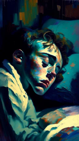 impressionism-style painting of someone trying to sleep but can’t because of dreams