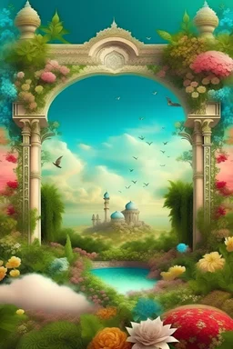 sky with gardens like paradise and islamic frame