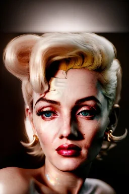 Ultra Realistic image, portrait, blonde woman, sweet Marylin Monroe face, perfect iris, glow eyes, gold makeup, wires attached to head. Cyberpunk style, latex coat, fog, rain, soft color, highly detailed, unreal engine 5, ray tracing, RTX, lumen lighting, ultra detail, volumetric lighting, 3d, finely drawn, high definition, high resolution.