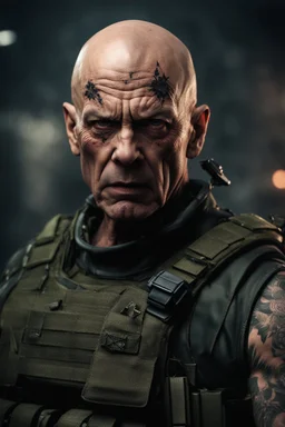 portrait of a 50 year old evil soldier. sneering expression, bald with tattoos, photorealistic, 4k