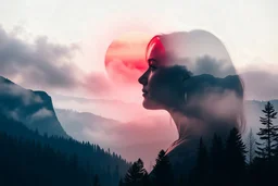 A striking double exposure, blending a serene landscape of mountains and forests with a profile of a woman's face, set against a dramatic red sun and misty clouds, creating an ethereal atmosphere.