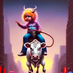 A one-year-old boy rides on the cow in the middle of a busy street in new york. photographic, bright colors and sunset, fantasy art, Anna Dittmann, digital painting, dan mumford, oil on canvas, jeff koons, akihito yoshida, wlop, kodachrome.