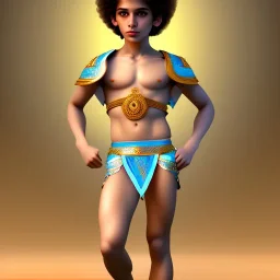 beautiful 12 year old arabic boy with curly hair and light blue eyes dressed in short loincloth