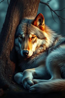 photorealistic, 4k, hyperdetailed large wolf laying asleep next to a tree