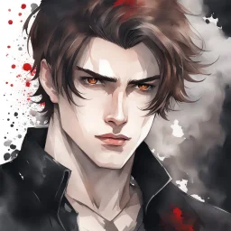 A portrait headshot of a confident looking young man with pale skin, red eyes, and brown hair in a dark modern setting with intricate details. He is wearing black and red casual clothes, an air of malevolent power surrounds him. watercolor splash art