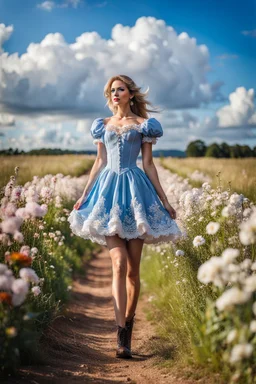 fullbody girl makeup wearing a victorian short dress walking in country side ,flowers ,pretty clouds in blue sky