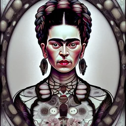 A beautiful portrait of Frida Kahlo, alphonse mucha & HR Gigger style, grain on the skin, tribal tatoos, high key lighting, volumetric light high details, full length clean art NFT, soft lighting, soft pastel gradients, high definition, blender 3d cinematic, op art, visionary art, sacred geometry, fractal, white balanced, lot's of grain on her skin, lot's of details in the background