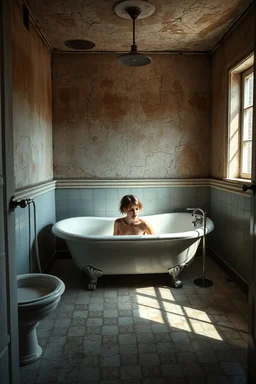 "A very old paints cracked abandoned bathroom , a woman getting in to the tub ready to take a bath in the tub , insanely detailed octane render trending on artstation, 8k artistic photography, photorealistic concept art, soft natural volumetric cinematic perfect light, chiaroscuro, award-winning photograph, masterpiece, oil on canvas, Raphael, Caravaggio, Greg Rutkowski, people, beksinski, Giger
