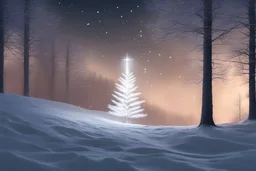 christmas tree with sparklers in a snowy forest landscape bathed in moonlight and falling snow with a barely noticeable outline of jesus christ in the background