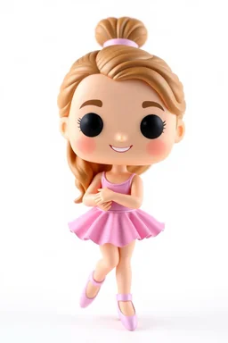 Funko figure of a very young female, smiling, long wavy light brown hair, wearing a ballerina dress, pink dress, ballet, very cute, ballet pose,. typography, 3D render. White background