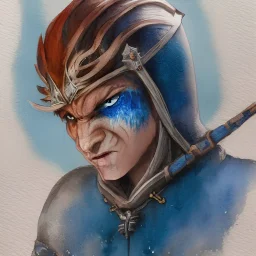 dnd, fantasy, watercolour, ilustration, halfling, artstation, realistic, ranger, leather armour, ice chunks, infused with elemental powers of water, portrait, face, glowing blue eyes, angry, vicious