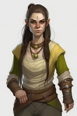 teen woman half orc with beige clothing