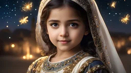 little very young Syrian girl, beautiful, peaceful, gentle, confident, calm, wise, happy, facing camera, head and shoulders, traditional Syrian costume, perfect eyes, exquisite composition, night scene, fireflies, stars, Syrian landscape, beautiful intricate insanely detailed octane render, 8k artistic photography, photorealistic concept art, soft natural volumetric cinematic perfect light, chiaroscuro, award-winning photograph, masterpiece, Raphael, Bouguereau, Alma-Tadema