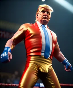 Donald trump wrestling fighter, naked torso, color breeches, suspenders, retro style, 80s, hot ambient, photo studio, red, gold, vibrant color, gradient, highly detailed, art stations, concept art, smooth, unreal engine 5, god rays, ray tracing, RTX, lumen lighting, ultra detail, volumetric lighting, 3d, finely drawn, high definition, high resolution.