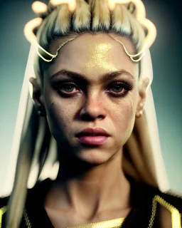 portrait, Shakira, blonde artist, angry, Realistic image, MMA robe, hoodie, mma gloves, fight pose, make-up make-up, gold line make-up, sweat, fog, goddess style, Neon colors, leds. Black background, photo studio, concept art, smooth, unreal engine 5, god lights, ray tracing, RTX, lumen lighting, ultra detail, volumetric lighting, 3d, finely drawn, high definition, 4k.