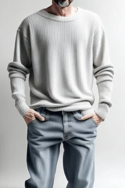 Man's wide leg light jeans and a half knitted jumper on a white t-shirt