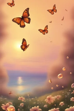 Bubbles and Butterflys flying to the sky at sunset